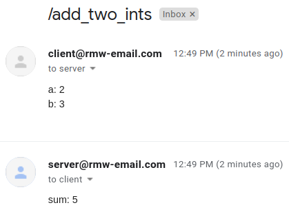service request email from client@rmw-email.com and response reply email from server@rmw-email.com